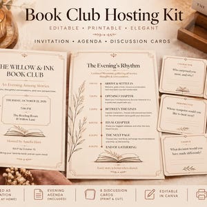 Könnte beinhalten: Ein Buchclub-Hosting-Set mit einer bearbeitbaren Einladung, einer Agenda mit dem Titel The Evening's Rhythm und acht Diskussionskarten. Das Schreibwaren-Set enthält florale Linienzeichnungen, Buchillustrationen und Text in Beige.
