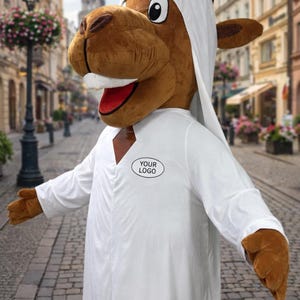May include: A brown camel mascot costume, wearing a white robe and head covering. The costume features a smiling face with large white teeth and a red mouth. The text "YOUR LOGO" is printed on the chest.