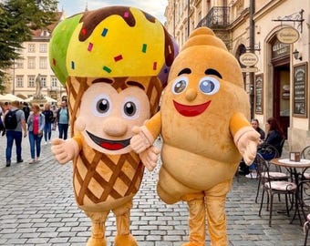 Giant Ice Cream Mascot Costume, Inflatable Plush Cone Character, Cartoon Dessert Suit with Bright Scoop and Waffle Base, Walkaround Mascot