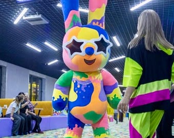 Rainbow Patchwork Rabbit Mascot Suit, Inflatable Plush Costume with Star Shades, Embroidered Details, Brand Logo Patch Option