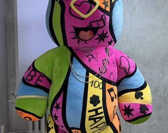 Plush Embroidered Character Costume with Bold Colors, Pop Art Bear Inflatable Mascot Suit, Street Style Look, Promo Outfit