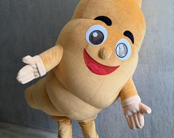 Handmade Croissant Mascot Costume, Inflatable Pastry Character Suit, Plush Walkaround Bakery Mascot with Funny Cartoon Face and Soft Shape