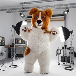May include: A full-body dog costume with a brown and white color scheme. The costume features a large head with floppy ears and a friendly expression. The dog is standing in a studio setting with lighting equipment.