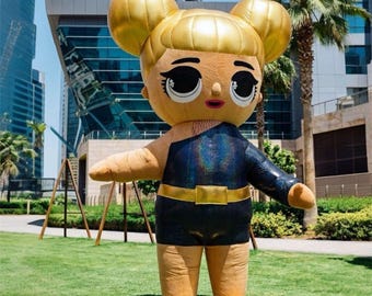 Fashion Doll Mascot Costume, Inflatable Girl Character Suit, Oversized Plush Doll Mascot with Gold Hair Buns, Large Doll Mascot Costume