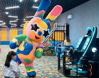 Multicorored Rabbit Mascot Suit, Full Height Adult Fursuit, Custom Embroidered Logo Inflatable Costume, Giant Plush Animal Outfit For Party