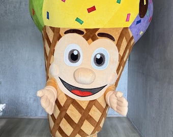 Ice Cream Mascot Costume, Inflatable Cone Character Suit, Plush Walkaround Dessert Mascot with Cartoon Face and Sprinkle Details Design