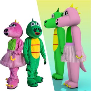 May include: Four colorful dragon mascot costumes. Two are pink and two are green. The pink costumes have a green top and a pink tutu. The green costumes have a yellow belly. All have yellow spikes and claws.