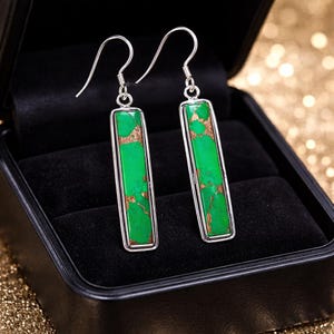 Green Copper Turquoise Sterling Silver Rectangular Drop Earrings, Mohave Gemstone Jewelry