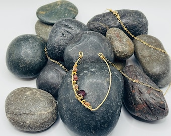 14k Gold Filled Necklace with Intricately Wire Wrapped Garnet and Tourmaline Stones
