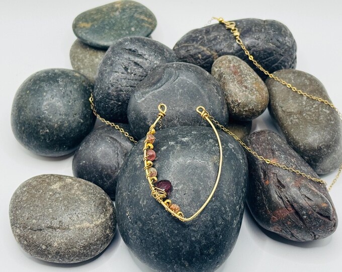 14k Gold Filled Necklace with Intricately Wire Wrapped Garnet and Tourmaline Stones
