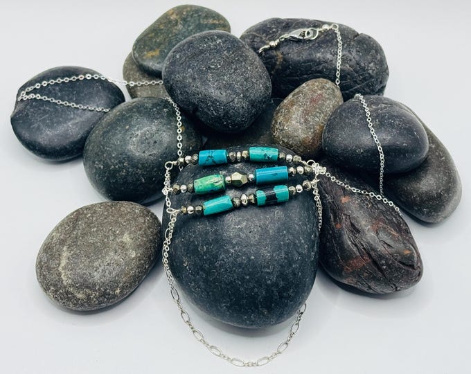 Turquoise and Pyrite Stones on Sterling Silver Double Chains