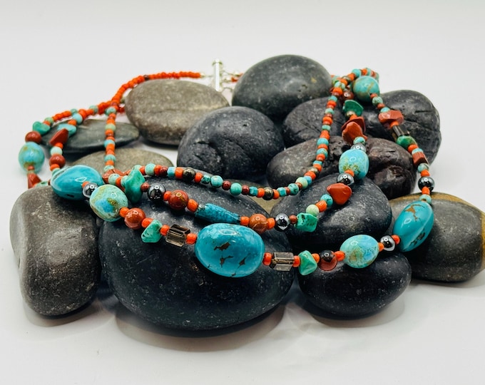 Rare Turquoise, Coral, Red Jasper and Hematite 3 Strand Necklace