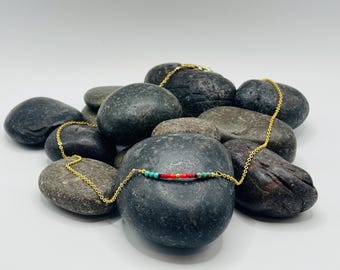 Dainty, 14k Gold Filled Necklace with Turquoise and Pyrite Stones, Accented by Red and Orange Seed Beads