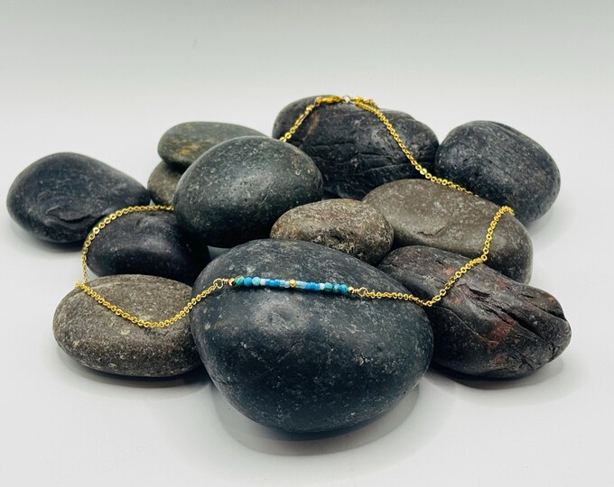 14k Gold Filled Necklace with Turquoise and Pyrite Stones, Accented by White and Blue Seed Beads