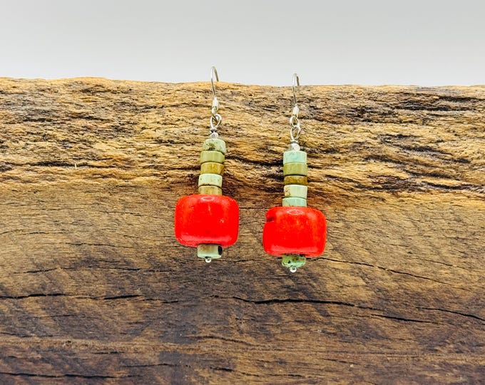 Large, Round Coral Earrings with Turquoise Stones