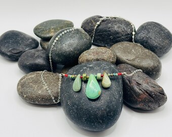 Sterling Silver Chain Necklace with Green, Pear Shaped Turquoise Drop Stones and Coral Beads