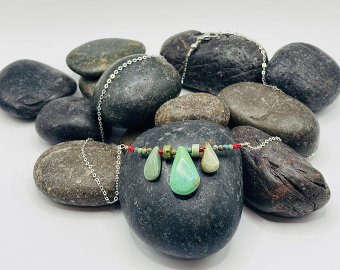 Sterling Silver Chain Necklace with Green, Pear Shaped Turquoise Drop Stones and Coral Beads