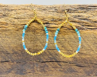Dainty, 14k Gold Filled Earrings with Turquoise and Pyrite Stones, Accented by White and Blue Seed Beads