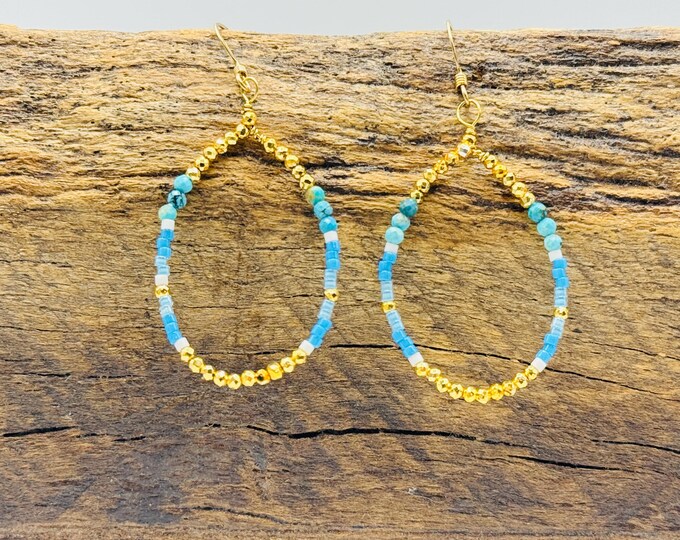 Dainty, 14k Gold Filled Earrings with Turquoise and Pyrite Stones, Accented by White and Blue Seed Beads