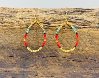 Dainty, 14k Gold Filled Earrings with Turquoise and Pyrite Stones, Accented by Red and Orange Seed Beads