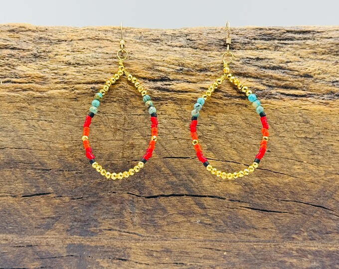 Dainty, 14k Gold Filled Earrings with Turquoise and Pyrite Stones, Accented by Red and Orange Seed Beads