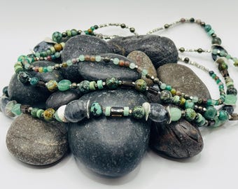 African Turquoise, Pyrite, Ocean Jasper, Green Fluorite and Black Moonstone 3 Strand Necklace