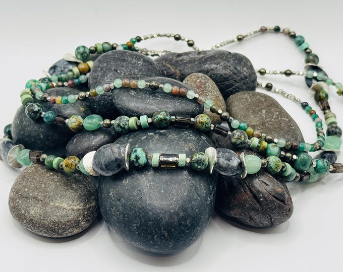 African Turquoise, Pyrite, Ocean Jasper, Green Fluorite and Black Moonstone 3 Strand Necklace