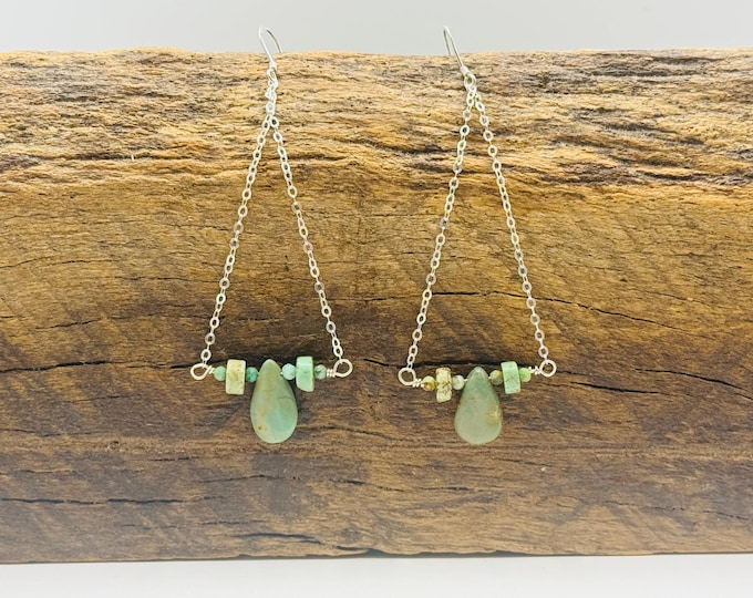 Sterling Silver Earrings with Green, Pear Shaped Turquoise drop stones
