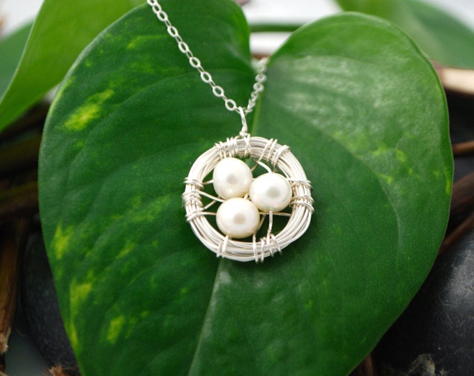 Bird Nest Necklace, Sterling Silver with Three Fresh Water Pearl Eggs