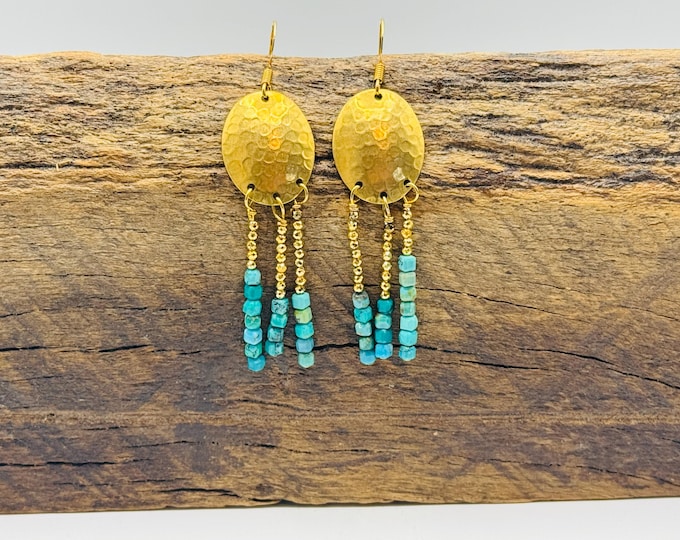 14k Gold Filled Hammered Earrings with Hanging Turquoise and Gold Pyrite
