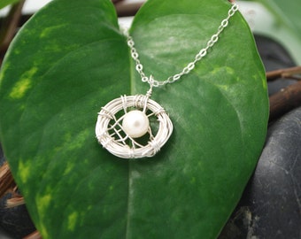 Bird Nest Necklace, Sterling Silver with One Fresh Water Pearl Egg