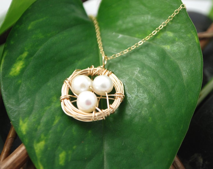 Bird Nest Necklace, 14K Gold Filled with Three Fresh Water Pearl Eggs