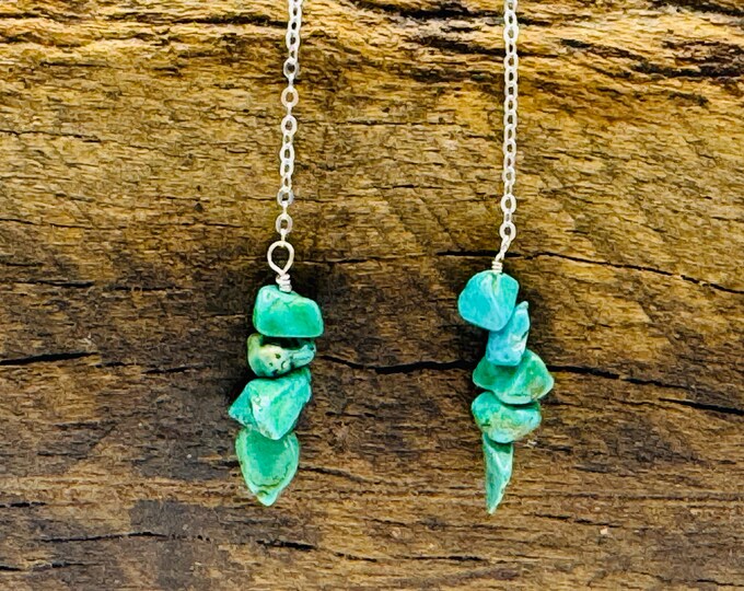 Turquoise Stone Earrings, Suspended by Sterling Silver Chains