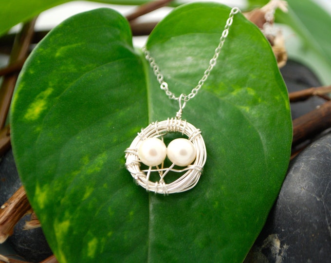 Bird Nest Necklace, Sterling Silver with Two Fresh Water Pearl Eggs