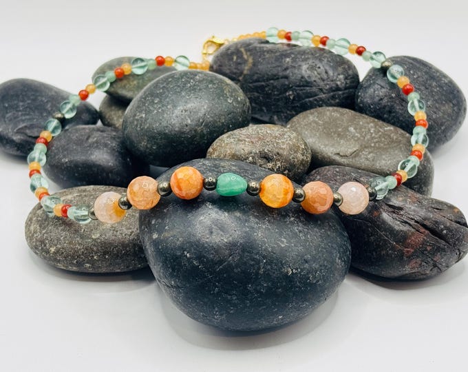 Agate Stones with Carnelian, Aventurine and Pyrite Necklace