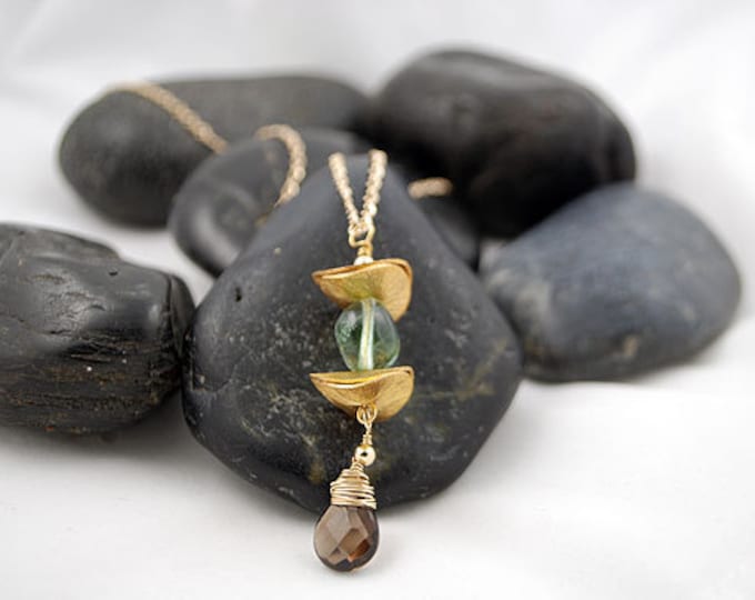Smoky Quartz and Green Fluorite Pendant on a 14k Gold Filled Chain