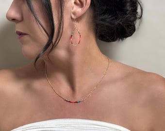 Dainty, 14k Gold Filled Necklace with Turquoise and Pyrite Stones, Accented by Red and Orange Seed Beads