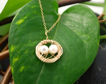 Bird Nest Necklace, 14K Gold Filled with Two Fresh Water Pearl Eggs