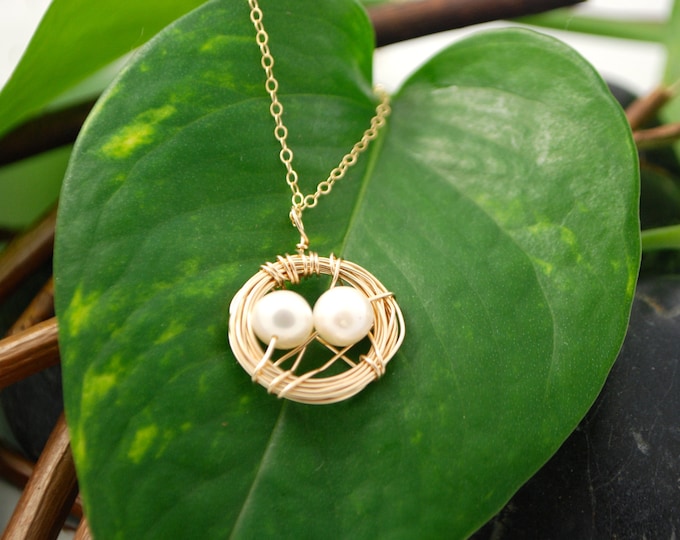 Bird Nest Necklace, 14K Gold Filled with Two Fresh Water Pearl Eggs