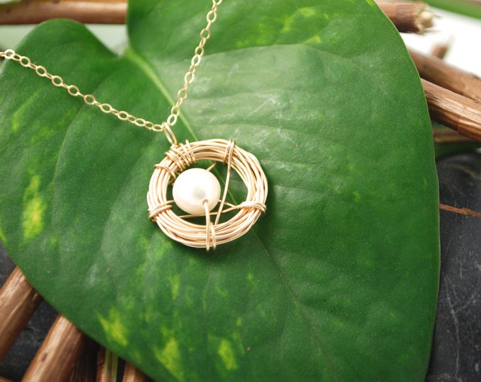 Bird Nest Necklace, 14K Gold Filled with One Fresh Water Pearl Egg