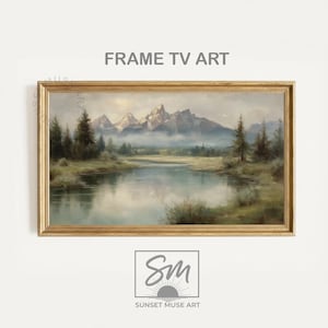 May include: A framed landscape painting featuring a serene river scene with mountains in the background. The artwork has a gold frame and the text "FRAME TV ART" is at the top. The bottom right corner has the text "SUNSET MUSE ART".