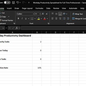 Può includere: Schermata di un foglio di calcolo Microsoft Excel intitolato "Workday Productivity Dashboard". Il foglio di calcolo mostra dati tra cui "High Priority Tasks", "Tasks Due Today", "Overdue Tasks" e "Completion Rate". L'interfaccia è scura con un menu a nastro.