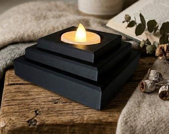 Modern Square Stepped LED Tea Light Holder, Minimalist Sculptural Decor