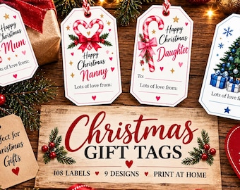 May include: A collection of rectangular white paper gift tags featuring festive holiday illustrations including candy canes, a Christmas tree, and text such as Happy Christmas Mum, Nanny, and Daughter. The set includes 108 labels with 9 designs.