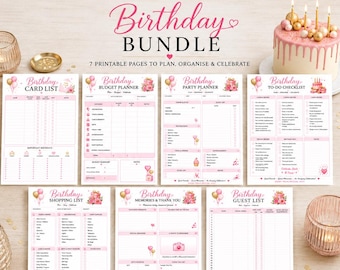 May include: A birthday bundle of seven printable planning pages featuring pink balloon and cake graphics. The pages include a card list, budget planner, party planner, to-do checklist, shopping list, memories and thank you log, and a guest list.