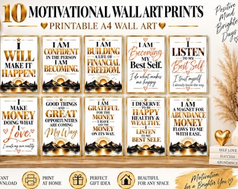 May include: A set of 10 printable A4 wall art prints featuring motivational text in gold and black lettering. Each print displays inspirational phrases, mountain silhouettes, and sun icons on a white background, designed for instant download.