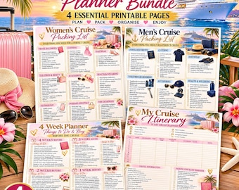 May include: A digital cruise planner bundle featuring four printable pages with checklists for packing, travel documents, and a four-week itinerary. The pages include headers like Women's Cruise Packing List, Men's Cruise Packing List, 4 Week Planner, and My Cruise Itinerary with floral and cruise ship graphics.