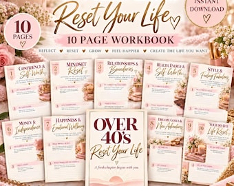 May include: A 10-page digital workbook titled Over 40's Reset Your Life, featuring ten chapters on topics like mindset, relationships, and health. The pages include prompts for reflection, goal setting, and personal growth, decorated with soft pink floral accents and gold text.
