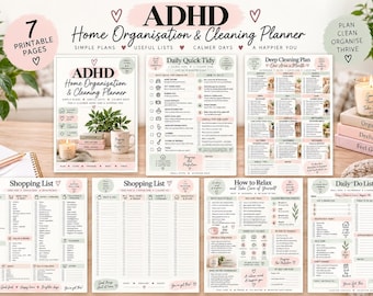 May include: A set of seven printable ADHD home organization and cleaning planner pages featuring checklists for daily tidying, deep cleaning, shopping lists, and relaxation tips. The documents use a soft color palette with pink and green accents.