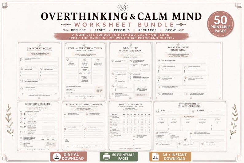 May include: A digital worksheet bundle titled Overthinking & Calm Mind with 50 printable pages. The layout includes eight distinct A4 templates featuring sections for daily habits, grounding exercises, worry windows, and thought reframing.